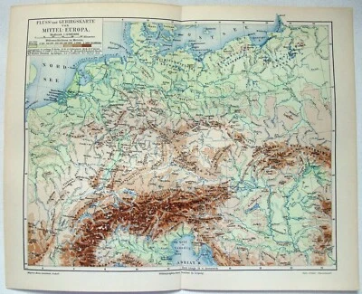 Europa Central - Mapa físico original de 1905 de Meyers. Mapa de idioma alemán Foto 1 de 3
