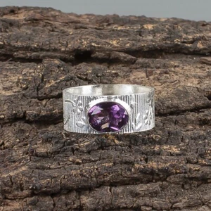 Oval African Amethyst Sterling Silver New Year Bezel Set Boho Band Promise Ring - Picture 1 of 8