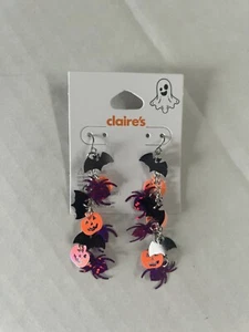 Claire Halloween orange Kürbis baumeln durchbohrt Haken hinten Ohrringe Fledermäuse Spinnen - Bild 1 von 2