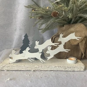 Running Arctic Hare Rabbit Christmas Tea Light Candle Holder Driftwood Metal - Picture 1 of 5