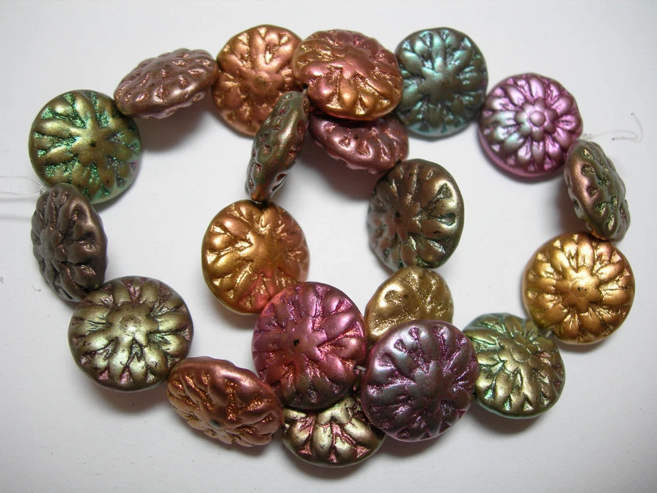  10 contas de moeda de vidro tcheco metálico multicolorido flor dália 14 mm - Imagem 1 de 1