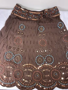 Basil and Mauve Anthropologie Embellished Skirt Brown Turquoise Belted Women’s 4 - Picture 1 of 17