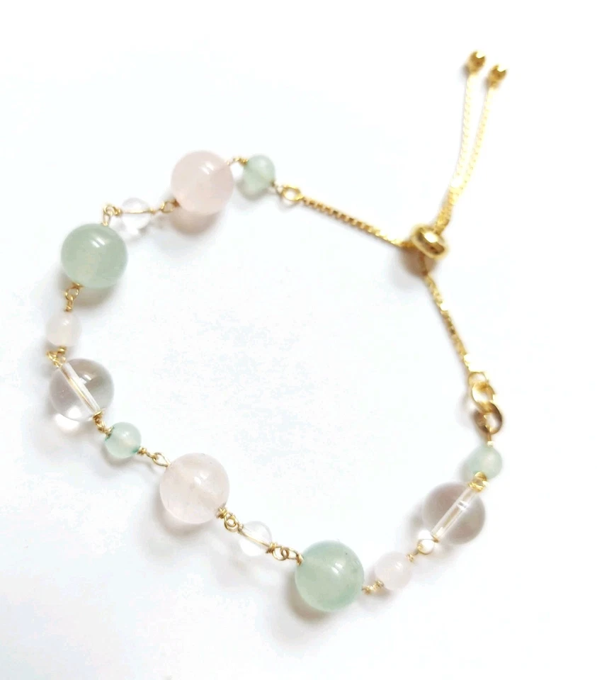 Bracciale in argento 925 dorato oro con quarzo rosa quarzo ialino e avventurina  - Immagine 1 di 4