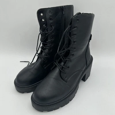Botas de combate gruesas de cuero negro con plataforma con cordones cremallera lateral zapatos para mujer 9 Foto 1 de 4
