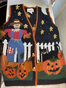 Carolina Colours Halloween Cat Scarecrow Pumpkins Knit Vest Size Small - Picture 1 of 6