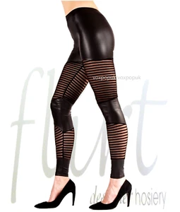 PU DESIGNER LEGGINGS With Mesh Stripe Panels By Flirt London Black UK Size S/M - Picture 1 of 6