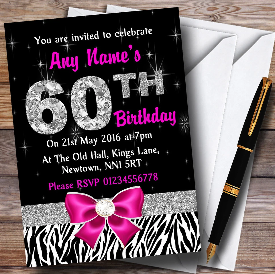 Pink Diamond And Zebra Print 60Th Birthday Party Personalised Invitations - Image 1 of 1