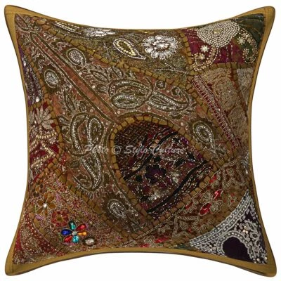 Indian Cotton Embroidered Brown 16x16 Beaded Sequins Patchwork Pillow Cover - Image 1 of 3