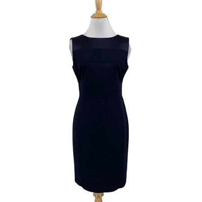 Jones New York Dress Womens 6P Petite Navy Sheath Satin Panels Bateau Neck Slit - Image 1 of 4