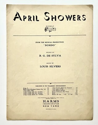 1921 April Showers Antique Sheet Music Piano Vocal Bombo Musical Vintage Silvers - Image 1 of 3