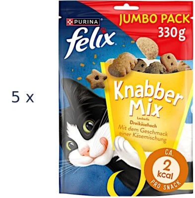 5 x 330 g Felix KnabberMix Dreikäsehoch (€24,03/kg) Jumbo Pack Katzensnack Käse - Bild 1 von 2