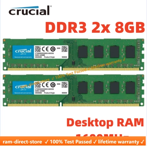 CRUCIAL DDR3 1600MHz 2x 8GB 16GB PC3-12800 Desktop Memory RAM 240pin DIMM 16G 8G - Image 1 of 4