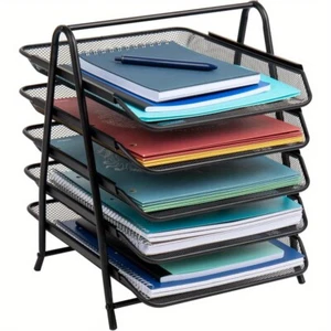 5 Tier Paper Tray Desktop Organizer File Storage Office Metal Mesh Black - Picture 1 of 7