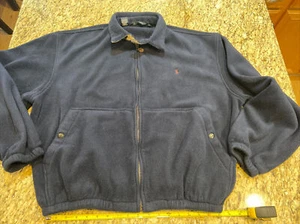 VINTAGE Polo Ralph Lauren Blue Navy Fleece Jacket Leather Zip Polartec Mens XL - Picture 1 of 7