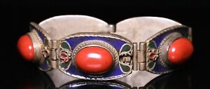 21CM Old Chinese Dynasty Miao Silver inlay Coral Bat Bracelet Chain bracelet