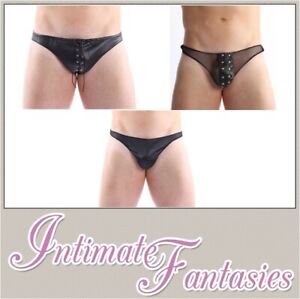 Sexy Mens Wet Look Thong Faux Leather Tie Studs Shine G String JockStrap Briefs