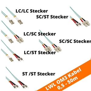 LWL Duplex Patch Kabel OM2  0,5m - 50m LC ST SC Stecker Türkis Aqua bis 10 Gbit - Afbeelding 1 van 4