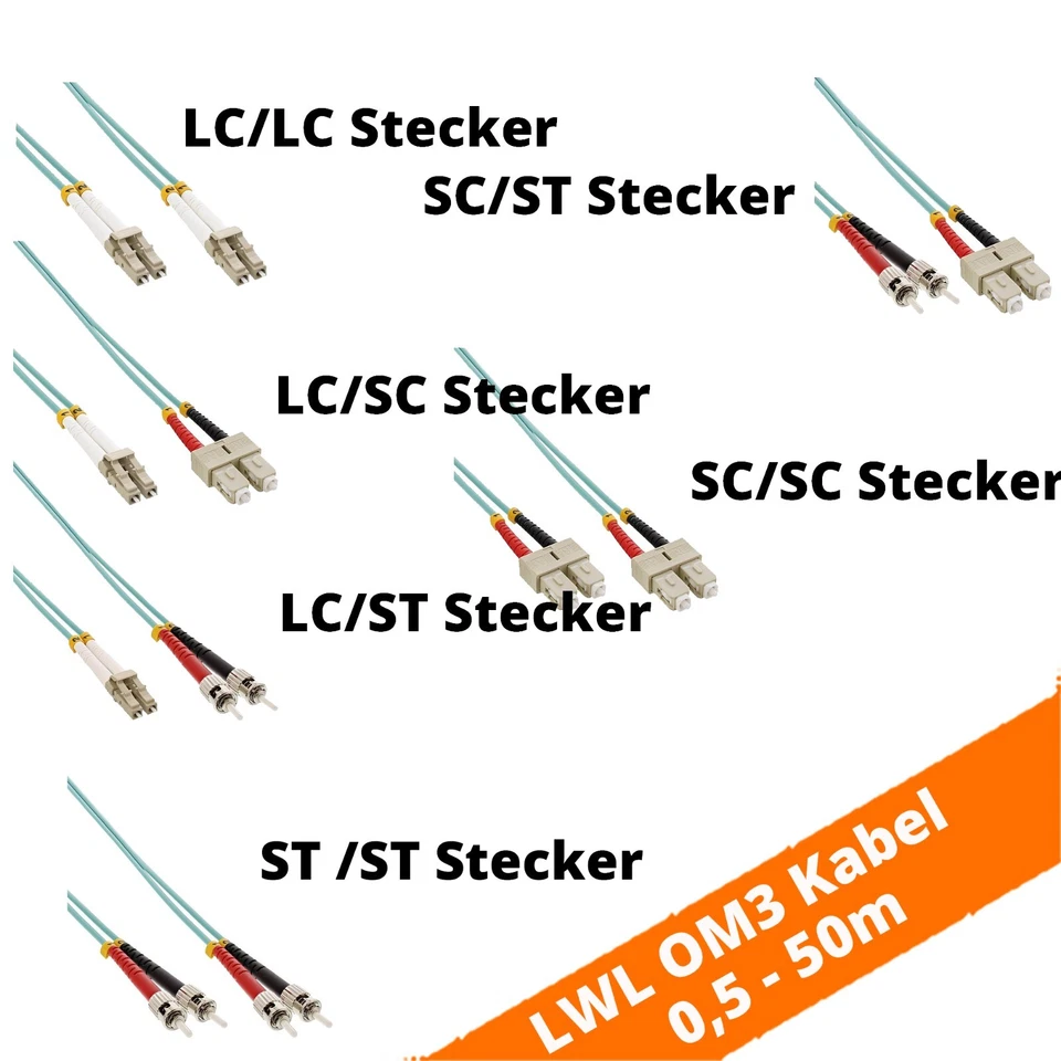 LWL Duplex Patch Kabel OM2  0,5m - 50m LC ST SC Stecker Türkis Aqua bis 10 Gbit - Bild 1 von 1