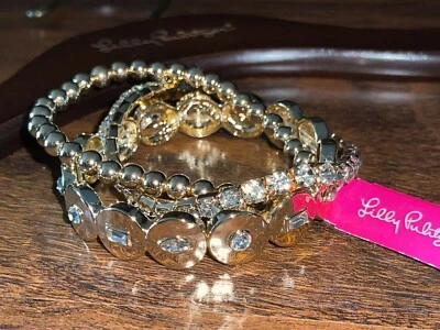 Lilly Pulitzer Gold Metallic STIR IT UP BRACELET Trio Beads Rhinestone Studs NWT - Image 1 of 4