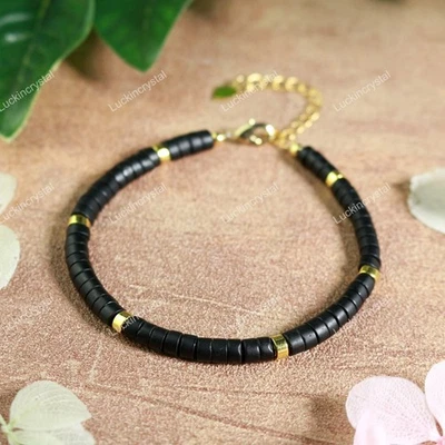 Natural Black Tourmaline Tube Beads Healing Reiki Dainty Protection Bracelet - Image 1 of 3