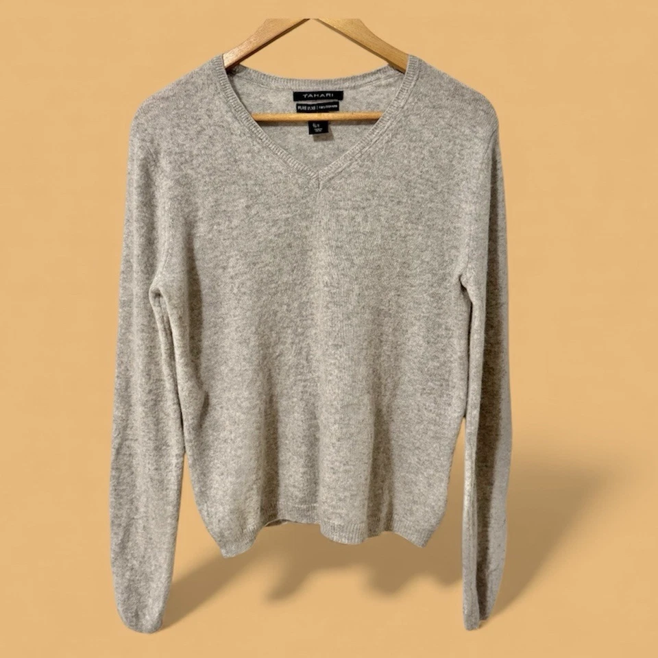 Suéter tejido Tahari gris 100 % 2 capas cachemir cuello en V para mujer talla grande Foto 1 de 4