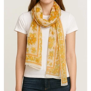 Glentex Vintage Made in Japan Yellow Floral Polyester Scarf Rectangle 13" x 44" - Picture 1 of 5