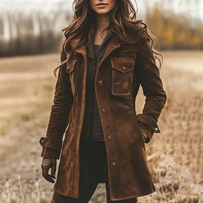 Women's Brown Suede Leather Trench Coat – Genuine Long Vintage Jacket 2XS to 3XL - Image 1 of 4