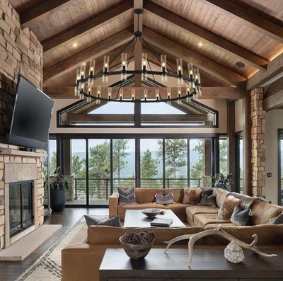 Lámpara de araña moderna de rueda de vagón negra de 70 pulgadas con pantalla de vidrio 24 bombillas Foto 1 de 4