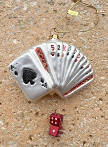 Pokerkarten und Würfel mundgeblasenes Glas Weihnachtsschmuck Kartenspiel - Bild 1 von 7