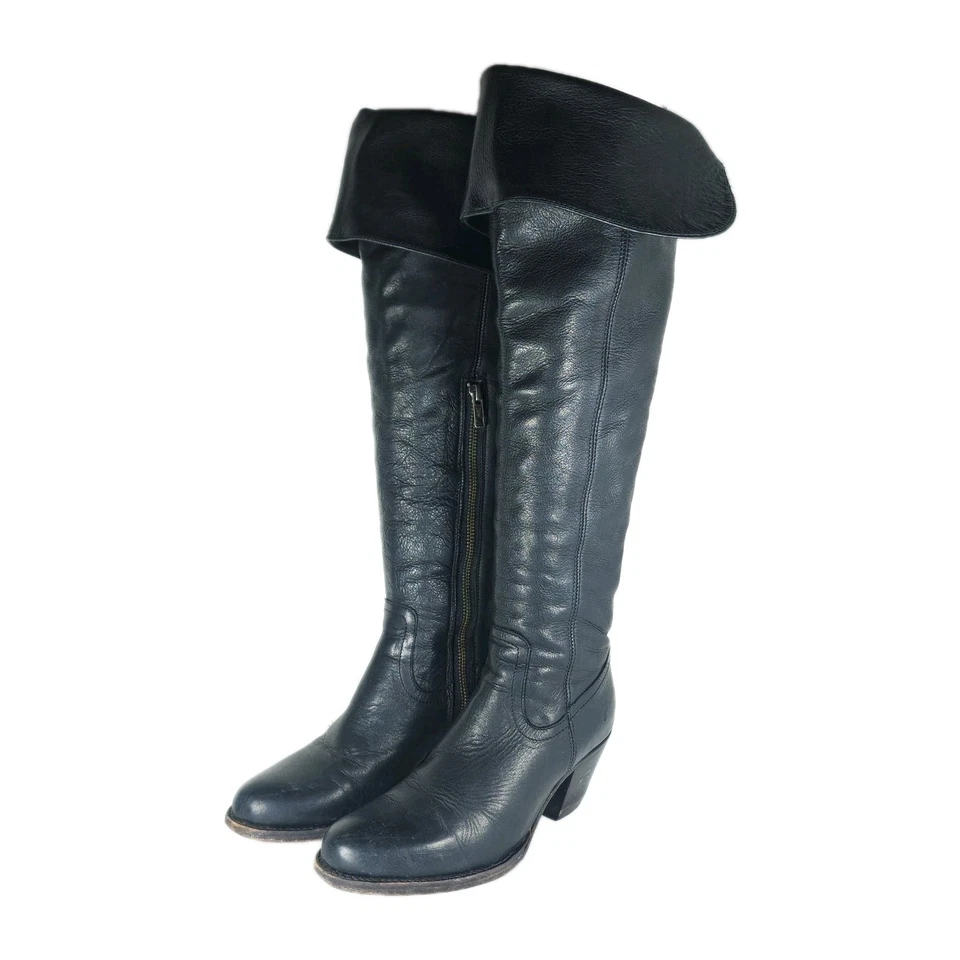 Frye Women's Jane US6,5B Black Leather Fold Over Pull On Knee High Riding Boots  - Image 1 of 4