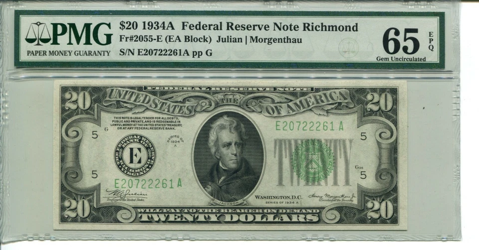 FR 2055-E 1934 A $20 Federal Reserve Note PMG 65 Gem Uncirculated EPQ - Image 1 of 1