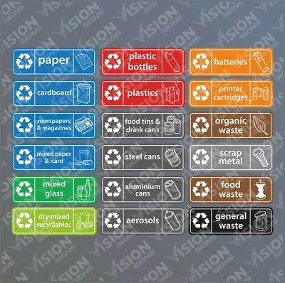 VISION SIGNS Recycling Sticker General Waste Plastic Can Paper Cardboard Scrap Metal food bin