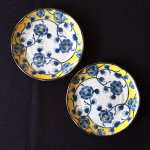 Set of 2 Japanese Side Plates 6.5" Ceramic Overglaze Floral Yellow Botan Peony - Picture 1 of 4