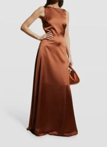 $595 Halston Women's Brown Mia Satin Evening Gown Dress Size 12 - Picture 1 of 5