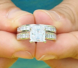 7mm Princess Moissanite Channel Set Matching Wedding Ring 14k White Gold Plated - Picture 1 of 9
