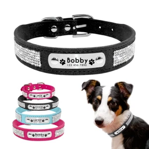 Rhinestones Diamante Personalised Dog Collars Soft Suede with Nameplate Engraved - Picture 1 of 15