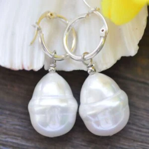 24mm Baroque White Shell Pearl Dangle Earring 925 Silve Platinum Ear Cuff Drop - Picture 1 of 2