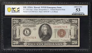 FR. 2305 1934-A $20 “HAWAII” FRN FEDERAL RESERVE NOTE PCGS BANKNOTE ABOUT UNC-53 - Picture 1 of 2