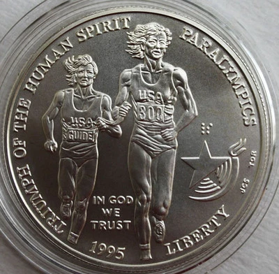 1995 D Olympics Paralympics Blind Runner BU Silver Dollar Uncirculated Coin ONLY - Image 1 of 2