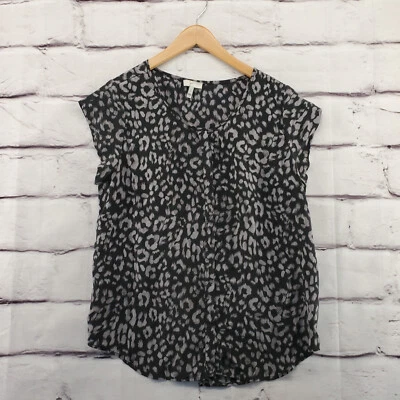 Top JOIE para mujer grande oculto con botones manga corta guepardo negro gris seda Foto 1 de 4