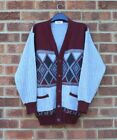 Vtg Grey Burgundy Cardigan Grandad Diamond Argyle Knitted Jacket Patterned S M