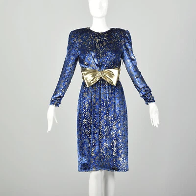 Medium 1980s Blue Velvet Dress Long Sleeve Gold Eyelash Lame Cocktail Party VTG - Image 1 of 4