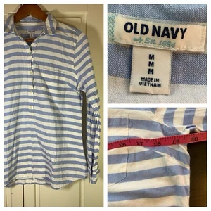Old Navy Top Womens Medium Blue Striped Oxford Popover Tunic Coastal Preppy - Picture 1 of 13