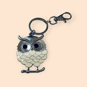 Owl Keychain Keyring With Clasp Hook - Silver Tone Metal & White - Picture 1 of 2