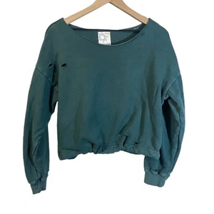 Aerie Offline Cropped Distressed Sweatshirt dunkelgrün Frottee Stoff Gr. XS - Bild 1 von 15