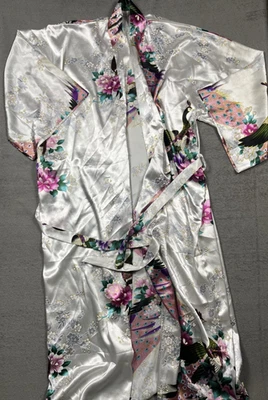Bata Kimono Mujer OSFM Blanca 100% Seda Pavo Real Estampado Floral Prendas para Dormir Vestido Foto 1 de 4