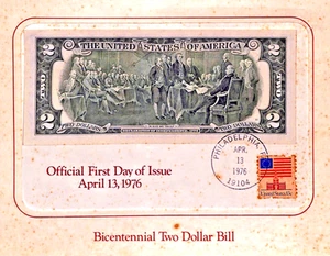 Bicentennial Two Dollar $2 Bill April 13, 1976. First Day Of Issue with Stamp - Picture 1 of 2