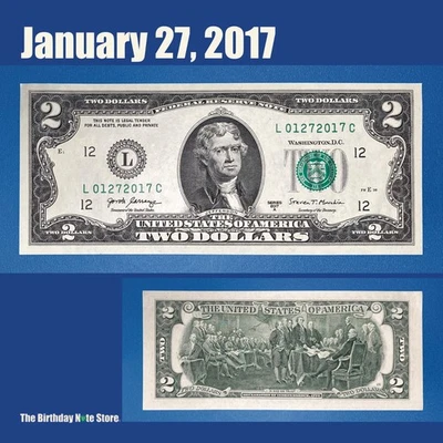 January 27, 2017 Birthday Anniversary $2 Two Dollar Bill Serial Number 01272017 - Image 1 of 2