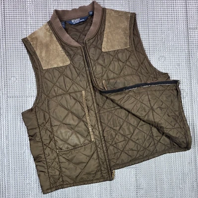 Vtg Polo Ralph Lauren Quilted Suede Trim Shoulder Patch Hunting Shooting Vest XL - Image 1 of 4
