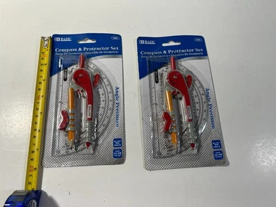 Brújula de brazo a escala BAZIC con lápiz de madera #2 y juego de transportador transparente de 6", paquete de 2 Foto 1 de 4